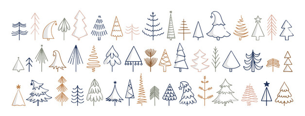 Hand drawn colorful line art collection with pine trees isolated on white background. Simple doodle Christmas tree icons for winter holidays and decorative design. Vintage festive traditional symbols