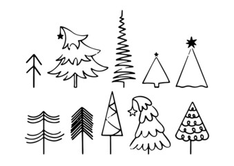 Christmas trees collection in black isolated on white background. Line art winter set with Christmas trees. Festive doodle elements for holidays and decorative design. Flat vector illustration