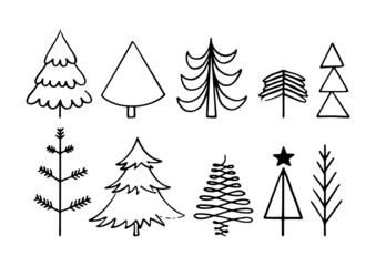 Christmas trees collection in black isolated on white background. Line art winter set with Christmas trees. Festive doodle elements for holidays and decorative design. Flat vector illustration