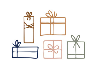 Hand drawn line art collection with gift boxes isolated on white background. Doodle gift box icons with bows for holiday decorations, Christmas design and birthdays. Flat vector illustration
