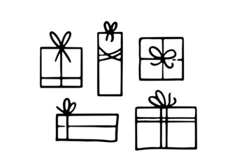 Hand drawn line art collection with gift boxes isolated on white background. Doodle gift box icons with bows for holiday decorations, Christmas design and birthdays. Flat vector illustration