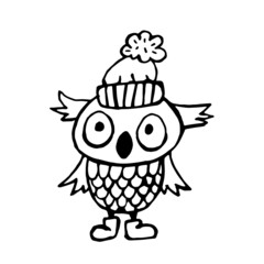 Owl black outline. Owl doodle. Winter illustration. Owl in a cap. Vector. Winter clothes.