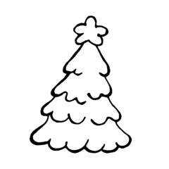 Simple doodle tree. New Year tree with black outline.