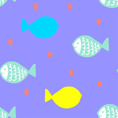 Seamless pattern with colorful fish and hearts,print for wallpaper,cover,kids textile,nursery decoration,interior design,baby fashion,violet background,underwater illustration