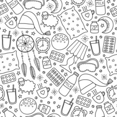 Seamless pattern with sleep and insomnia items.