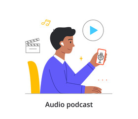 Young smiling male character is listening to audio podcast on his smartphone on white background. Concept of people enjoing listening to audio books or podcasts. Flat cartoon vector illustration