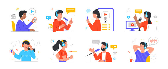 Fototapeta premium Set of smiling male and female characters listening and recording podcasts on white background. Joyful radio host interviewing guest and mass media broadcasting. Flat cartoon vector illustration