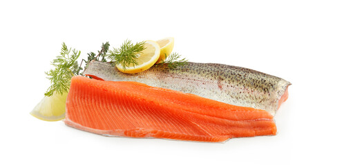 Fresh raw salmon fish steak isolated on white background with cut out have clipping path