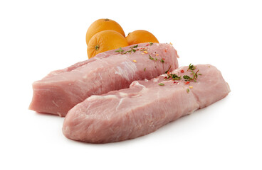 Fillet fresh raw beef  meat rib eye tenderloin steak mix spice rosemary isolated on white background with cut out have clipping path