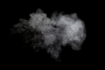 White abstract chaotic puff of smoke on black background. smoke cloud. Isolated on black background.	