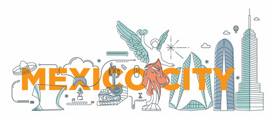 Typography word "Mexico City" branding technology concept. Collection of flat vector web icons, culture travel set, famous architectures and specialties detailed silhouette. Mexican famous landmark.