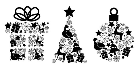 Fototapeta na wymiar Vector black and white silhouettes of christmas ball, tree and gift box with christmas icons of deer, snowflakes, stars, fir