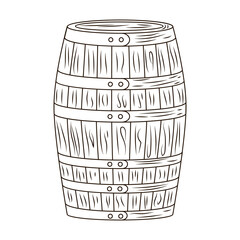 Barrel isolated on white background. Wooden keg in engraved style. Vintage sketch black outline close up.