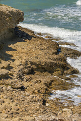 A rocky beach head with breaking waves