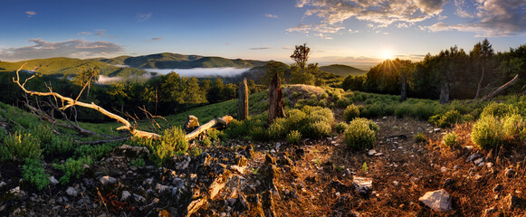 Green mountain landscape with sun  - panorama, Slovakia - obrazy, fototapety, plakaty