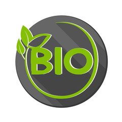 round BIO label or logo with green leaves isolated on white, vector illustration