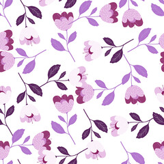 Decoration pink blooming flowers seamless pattern isolated on white background.