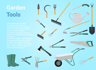 Poster of garden tools on a blue background .A set of vector illustrations on the topic of gardening.Shovel, rake,hoe, pruning shears, garden scissors, garden wheelbarrow, watering can, rubber boots, 