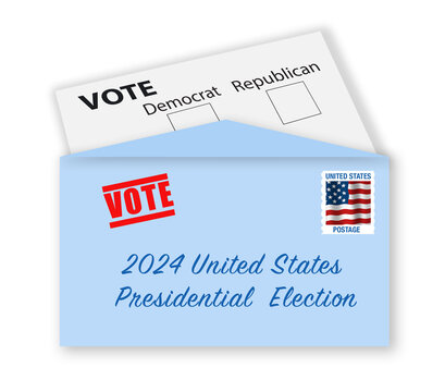 Vote By Letter Concept. USA Presidential Election 2024. Envelope With Stamp, Address, And Voting Card With Check Boxes Of The Democratic And The Republican Party. Sign And Mail To Vote In Absentee.