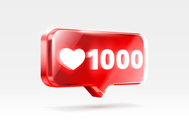 Heart 1000 like icon, sign follower 3d banner, love post social media. Vector - obrazy, fototapety, plakaty