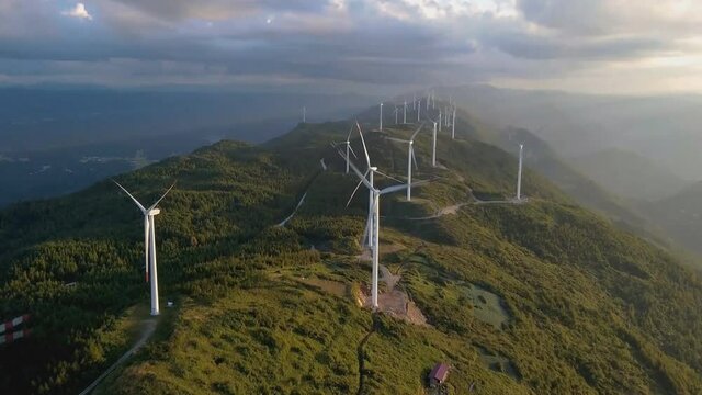 Zhoushan, Zhejiang province, China. Nice aerial view of wind turbines in a picturesque mountainous area.