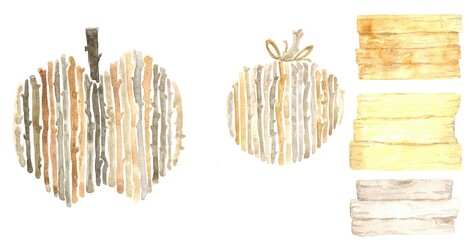 watercolor autumn illustration with hand-made pumpkins made of twigs and wooden signs with empty space for your text .hand-drawn Thanksgiving card.Halloween and fall design elements