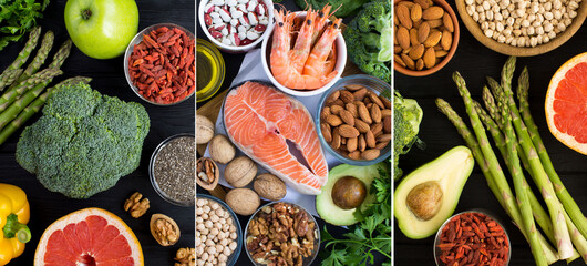 Collage of wholesome and healthy food on the dark background. Top view. Close-up.