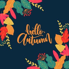 Fototapeta na wymiar hello autumn lettering background with leaves vector design illustration