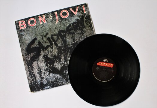 Glam metal and hard rock artist, Bon Jovi music album on vinyl record LP disc. Titled: Slippery When Wet. Taken  in Miami, FL on September 1, 2021.	