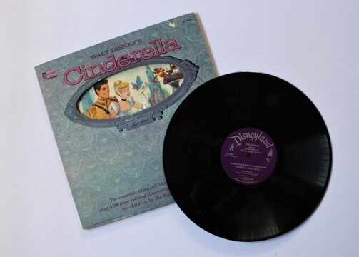 Disney's Cinderella Movie Soundtrack music album on vinyl record LP disc on white isolated background. Taken in Miami, FL on September 1, 2021.	