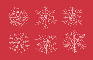 Set Doodle snowflakes. Cartoon snowflakes for festive design. Christmas, New Year. Winter vector illustration on red isolated background.