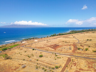 Aerial view Maui Island Beach, Hawaii. Launiupoko State Beach during hot summer.