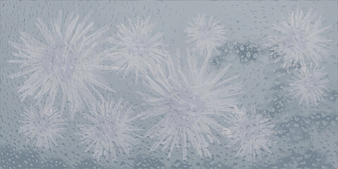 Raindrops and aster flowers on a blue background, realistic style, vector illustration. Bubbles of clean water on the window glass. Abstract textured background for your design.