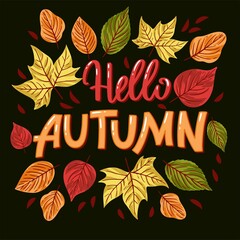 hello autumn lettering background with leaves vector design illustration