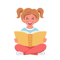 Girl reading book. Girl studying with a book. Vector illustration