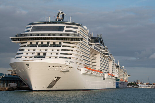 Southampton, England, UK. 2021.  Cruise shjips berthed in the Port of Southamton  during the summer of 2021.