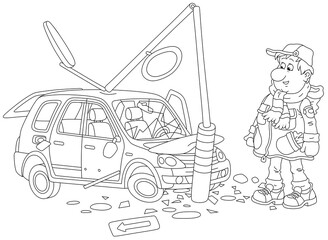 Funny sad man with his new car crashed into a lamppost on a road, black and white outline vector cartoon illustration for a coloring book page