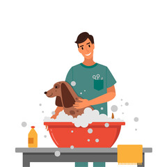 Dog washing in salon isolated. - 458584226