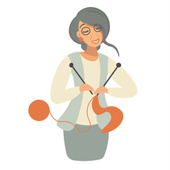 A sweet grandmother knits warm clothes for children and grandchildren for the winter. An elderly woman in a sweater and vest is passionate about her hobby. Work and rest at home. Vector isolated. Flat