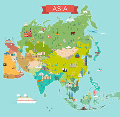 Asia Map. Tourist and travel landmarks