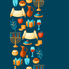 Happy Hanukkah seamless pattern with religious symbols. Background with holiday objects.