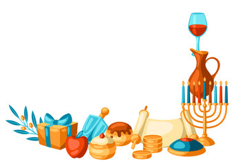 Happy Hanukkah decorative element with religious symbols. Illustration with holiday objects.