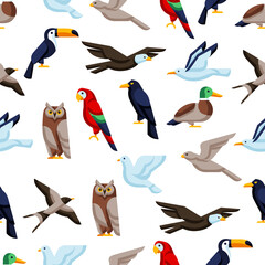 Seamless pattern with stylized birds. Image of wild birds in simple style.