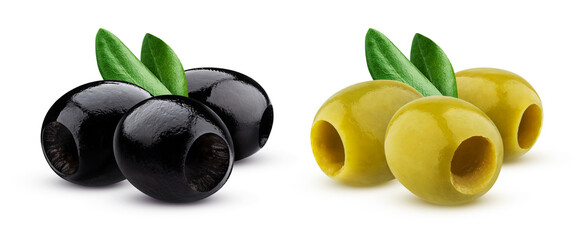 Black and green pitted olives isolated on white background - obrazy, fototapety, plakaty
