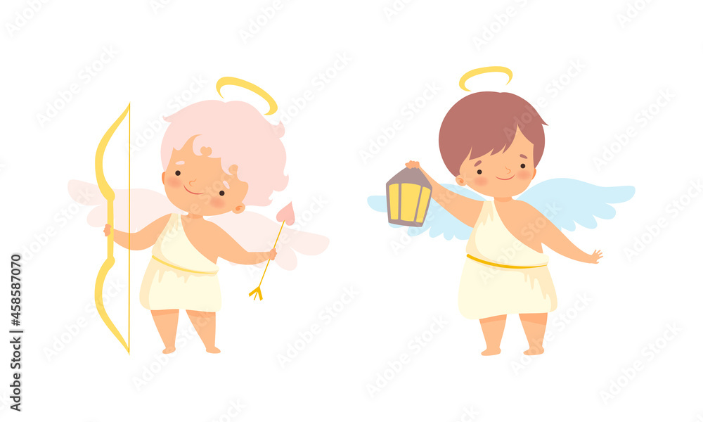 Sticker Cute Baby Angels with Nimbus and Wings Vector Set