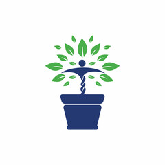 Flower pot and Human plant logo. Growth vector logo. Spa wellness logo concept.