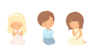 Little Kid Kneeling and Praying with Folded Hands Vector Set - obrazy, fototapety, plakaty