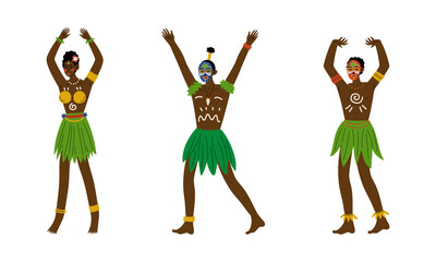 African Aboriginal Man and Woman with Painted Face Dressed in Traditional Tribal Clothing Vector Set