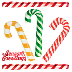 Watercolor illustration of Christmas holiday candy cane with festive Season Greetings lettering set isolated on white background