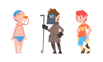 Little Boy Dressed as Swimming Trainer, Welder and Footballer Vector Set